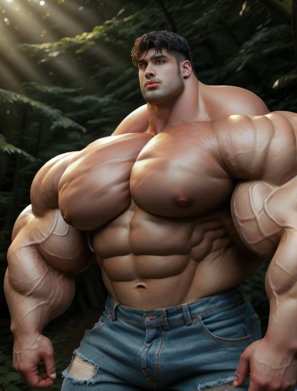 1boy, giant, alone, giant bodybuilder, wet, illuminating light, strong body, bulk, large size, stay in the forest, outdoor, wear sleeveless flannel shirt and jean pants, massive bulge, bulge, extraordinary big, brutalmass, giant muscular body, bulk, buff, massive body, large meaty body size, extremely wide body,