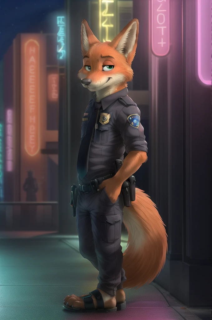 (Vigorous, by honovy, от zenthetiger, from Saus), Nick Wilde, male, Fox, One, tie, safe, dressed, green eyes, Police uniform,open toe heeled sandals, standing, city, Street, Tokyo, Akihabara, neon lights, night, tail