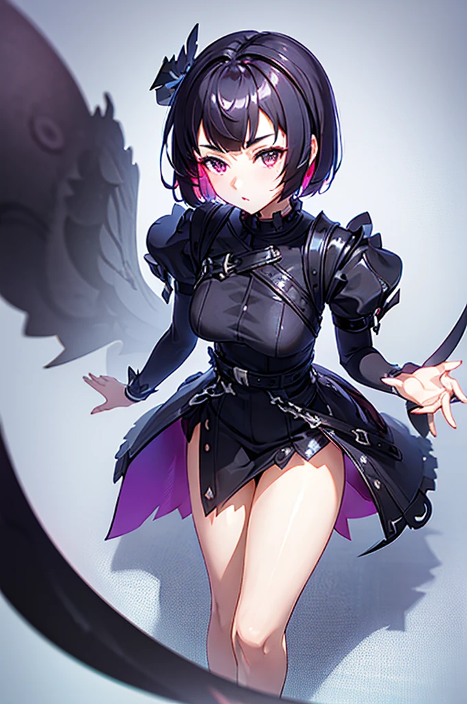 masterpiece, best quality, distinct image, 1 girl, 16 year old teenager, Asymmetrical knee length Chinese styled dress, solo. sharp facial features, oval shaped face, cherry pink lip, lightly tanned white skin, velvet-colored eyes, tall height(175cm), slim yet chiseled body-type, dark violet-black hair, short pixie cut hairstyle, long and slender legs, curvy wide hips stretching the dress, full body image,