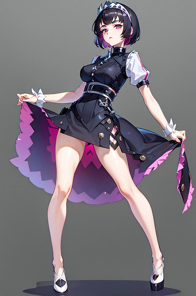 masterpiece, best quality, distinct image, 1 girl, 16 year old teenager, Asymmetrical knee length Chinese styled dress, solo. sharp facial features, oval shaped face, cherry pink lip, lightly tanned white skin, velvet-colored eyes, tall height(175cm), slim yet chiseled body-type, dark violet-black hair, short pixie cut hairstyle, long and slender legs, curvy wide hips stretching the dress, full body image,