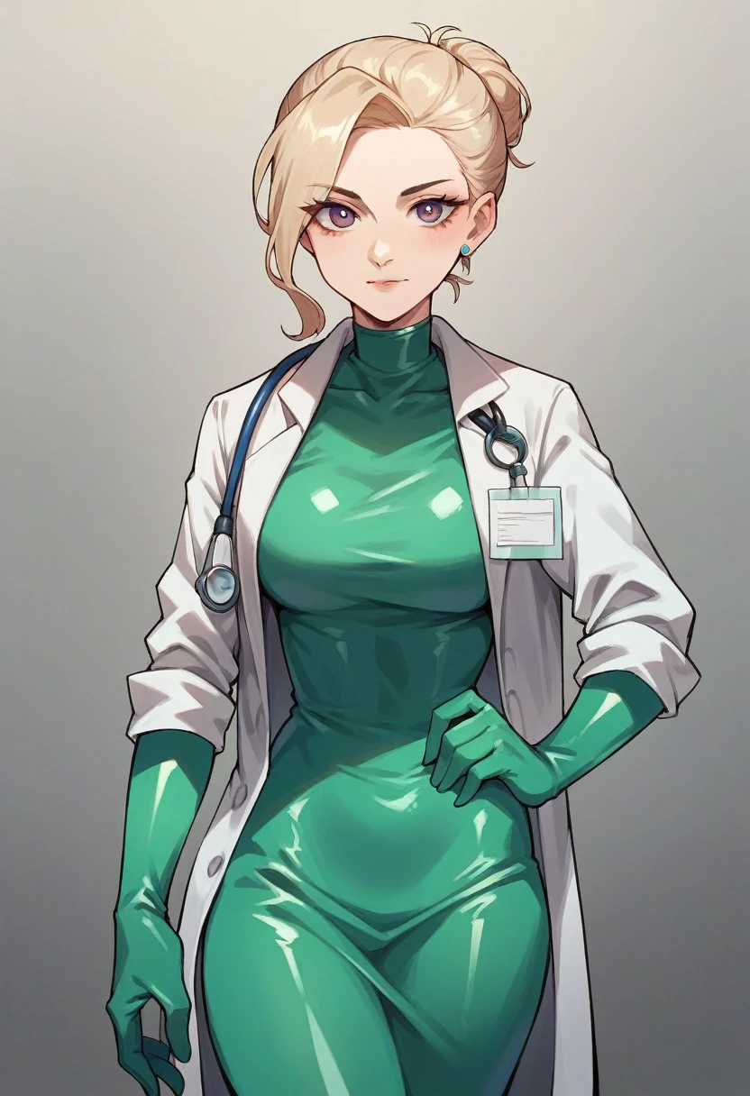1girl, light hair, ((green elbow gloves)), ((surgical gloves)), ((latex gloves)), ((long sleeves)) ((blue surgeon outfit)), looking at viewer, ((doctor)), standing, solo