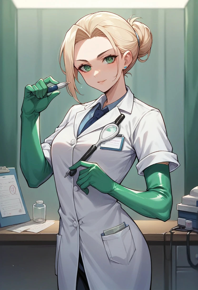 1girl, light hair, ((green elbow gloves)), ((surgical gloves)), ((latex gloves)), ((long sleeves)) ((blue surgeon outfit)), looking at viewer, ((doctor)), standing, solo