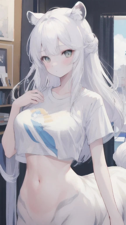 (best quality, masterpiece), 1 girl, centaur, It takes, White skin, Korean , exposing the abdomen,belly button t-shirt, 아름다운 소녀 perfect white tiger photo, perfect white tiger photo