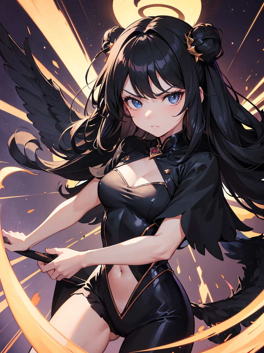 ((Masterpiece))，(Best Quality)，(Highest resolution)，(8K)，(Clean lines)，(Perfect Face，Perfect meat)，(Official Art)，（Magical girl）,villain, child, 8-year-old, Black Costume, Long Hair,  large black feathers, Night Sky, Angry face