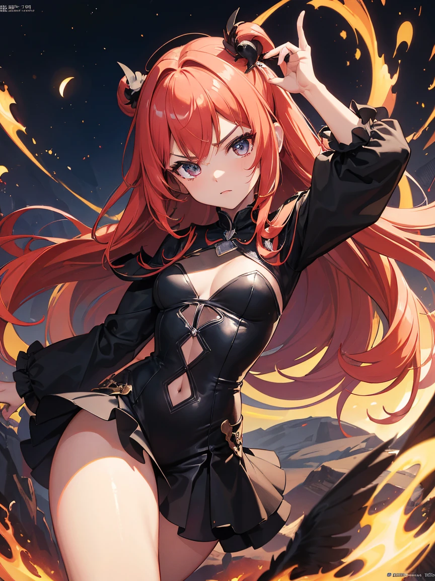 ((Masterpiece)),(Best Quality),(Highest resolution),(8K),(Clean lines),(Perfect Face,Perfect meat),(Official Art),(Magical girl),villain, child, 8-year-old, Black Costume, Long Hair, large black feathers, Night Sky, Angry face
