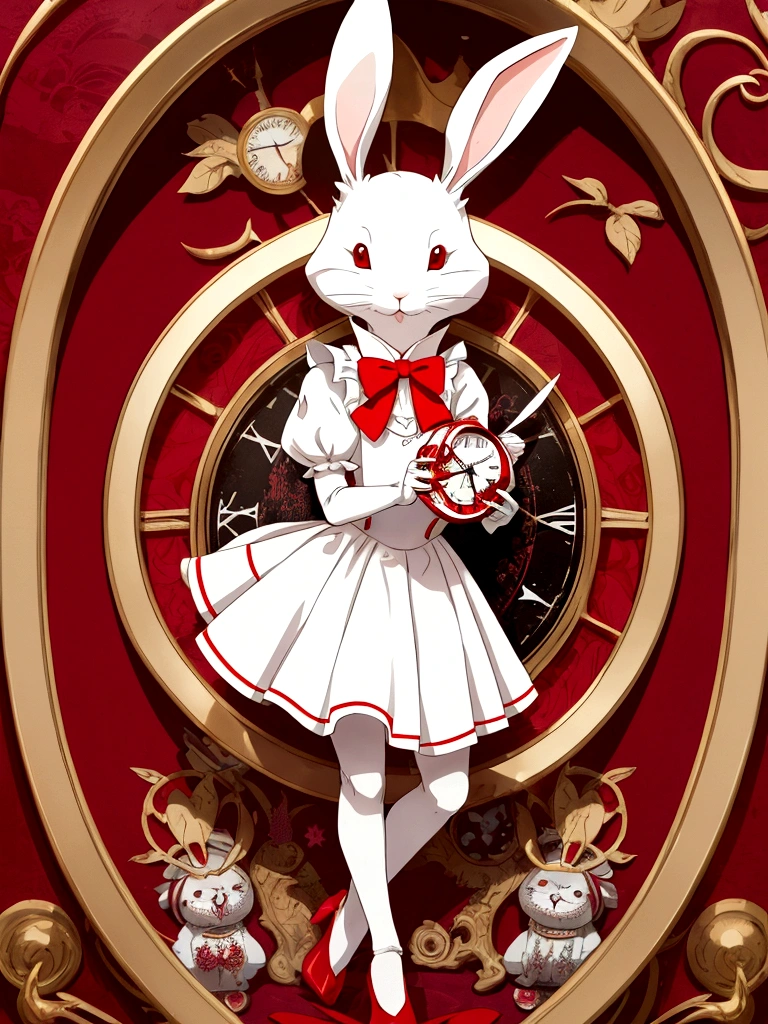 White rabbit, from Alice in Wonderland, holding a red clock
