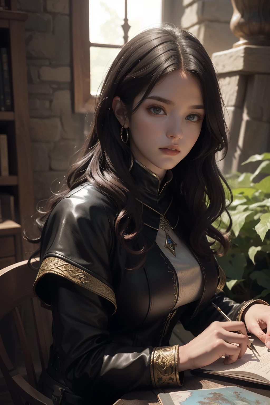 ((best qualityer)), ((work of art)), (detailded), high qualiy, 8K Ultra-HD, 1 medieval fantasy RPG adventurer similar to the works of JRR TOLKIEN, black curly hair,black leather clothing details,clear lighting, detailed shadows 