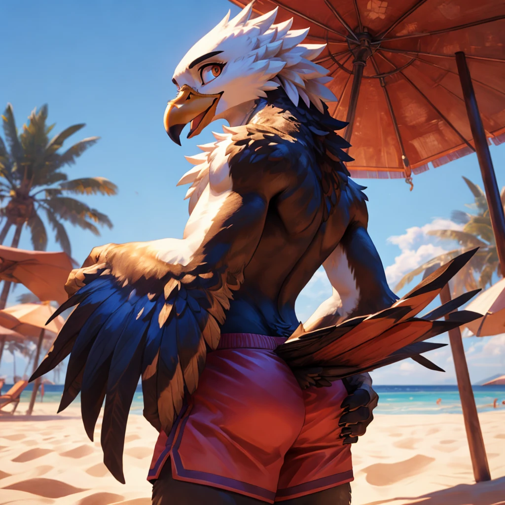 ,4k, 8k, raytracing, photorealistic, realistic, shaded, extreme detail quadruped, detail, detailed, extreme detail, 8k, real, realistic, crisp, sharp, high quality, shadows, raytracing, volumetric light, bloom by nurinaki, beach, (solo), girly, femboy, male, tail up, tailfeathers, feminine body, rear view, presenting butt, twink, thights, grabbing butt, surprised, horny, white eagle, avian, bird, orange beak, brown eyes, masterpiece, best quality, beautiful eyes, looking at viewer, swimtrunks, topless,