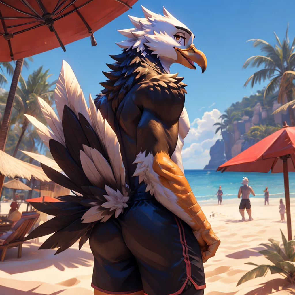 ,4k, 8k, raytracing, photorealistic, realistic, shaded, extreme detail quadruped, detail, detailed, extreme detail, 8k, real, realistic, crisp, sharp, high quality, shadows, raytracing, volumetric light, bloom by nurinaki, beach, (solo), girly, femboy, male, tail up, tailfeathers, feminine body, rear view, presenting butt, twink, thights, grabbing butt, surprised, horny, white eagle, avian, bird, orange beak, brown eyes, masterpiece, best quality, beautiful eyes, looking at viewer, swimtrunks, topless,