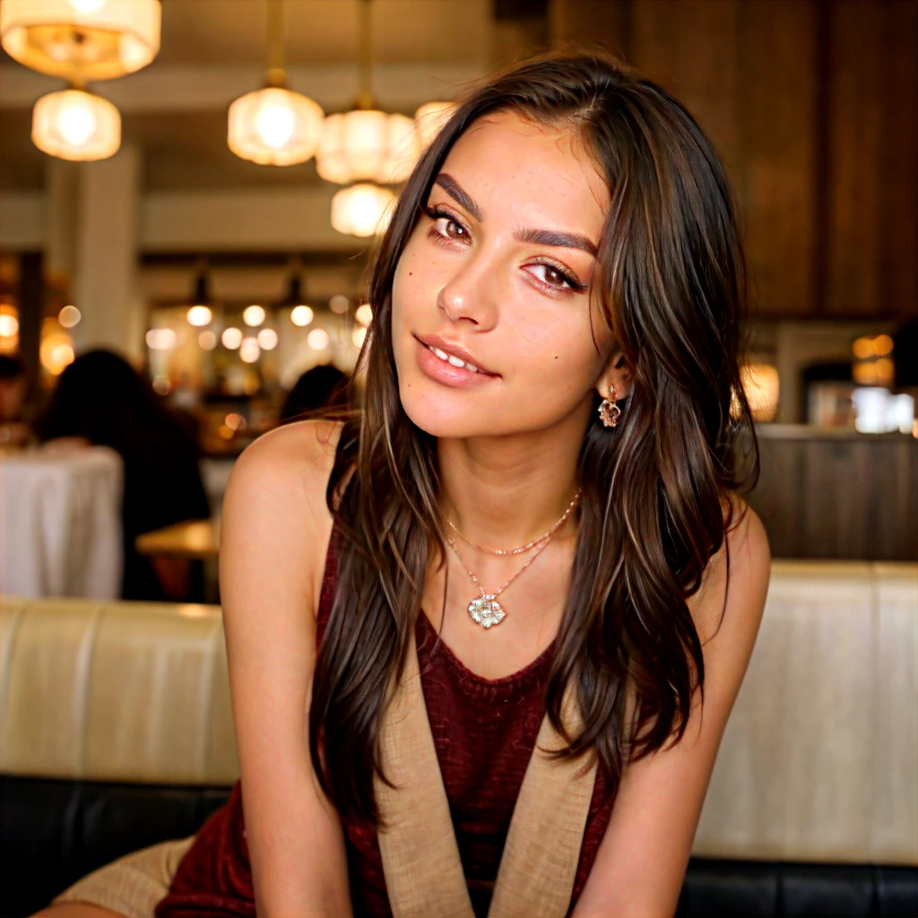 (Jewellry), very warm colors, tan skin, beautiful brunette, (high detailed face), (high detailed skin texture), (high detailed hair), (high detailed eyes), brown eyes, (long straigh dark hair), 1 girl, 20 years old, brown skin, face thin nose, photography, ultra-realistic, 8k, ((very sexy outfit)) , perfect teeth, fit girl, bottom-up view, shiny hair,  ((perfect hands)), taking food, in restaurant