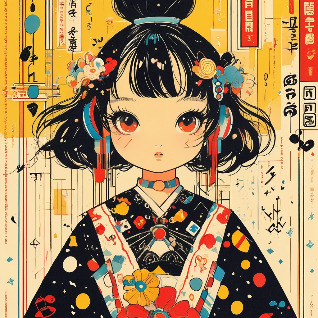 Cute chibi girl in a black and white dress on a yellow background. The vector illustration features colorful musical notes, red eyes, and black hair with bangs. Geometric shapes are included in the graphic design, which has a flat style with simple, clean lines and a white border. The poster art has no shadows and high resolution, quality, detail, contrast, and saturation. Vivid, bold, bright colors make up the color palette. It is a cute cartoon character in the style of poster art with vivid colors and clean lines.