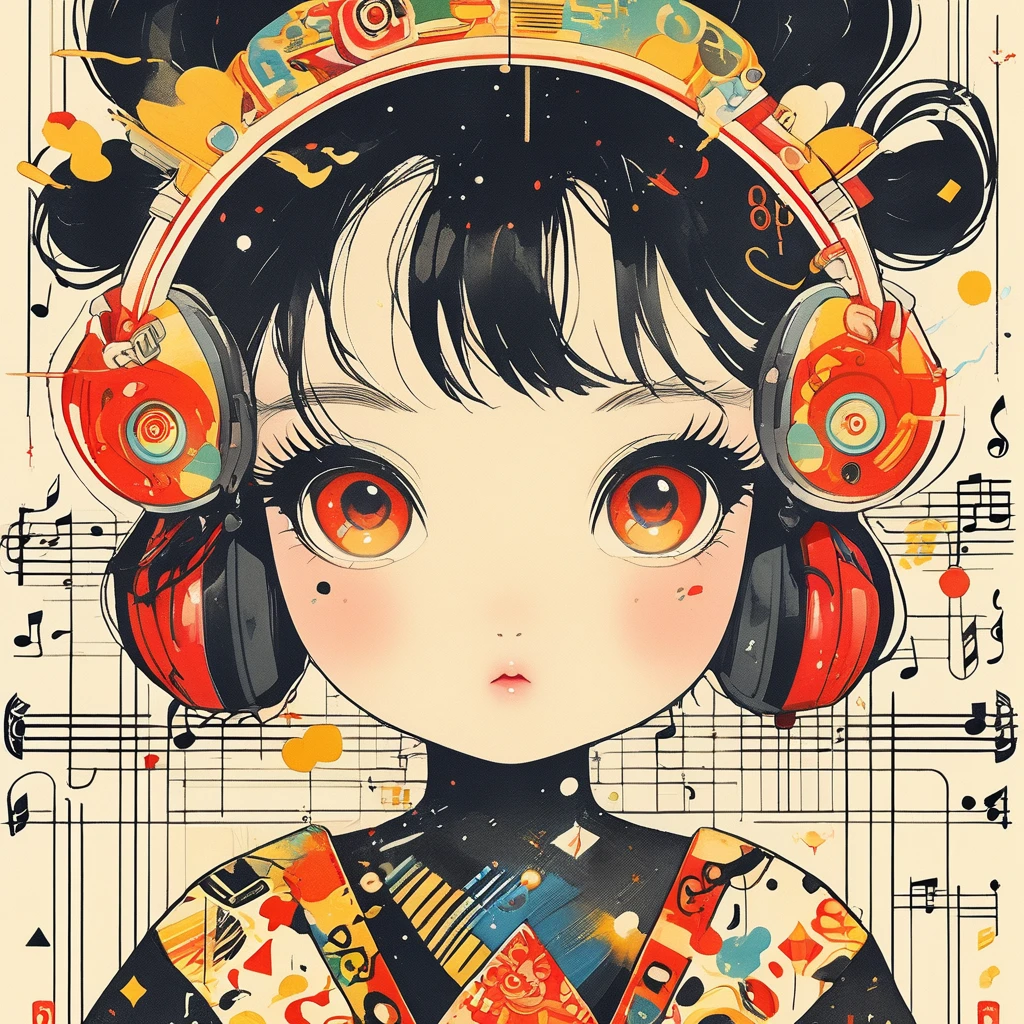 Cute chibi girl in a black and white dress on a yellow background. The vector illustration features colorful musical notes, red eyes, and black hair with bangs. Geometric shapes are included in the graphic design, which has a flat style with simple, clean lines and a white border. The poster art has no shadows and high resolution, quality, detail, contrast, and saturation. Vivid, bold, bright colors make up the color palette. It is a cute cartoon character in the style of poster art with vivid colors and clean lines.