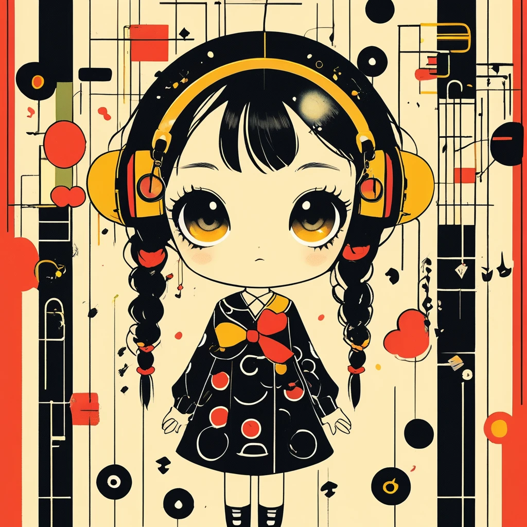 Cute chibi girl in a black and white dress on a yellow background. The vector illustration features colorful musical notes, red eyes, and black hair with bangs. Geometric shapes are included in the graphic design, which has a flat style with simple, clean lines and a white border. The poster art has no shadows and high resolution, quality, detail, contrast, and saturation. Vivid, bold, bright colors make up the color palette. It is a cute cartoon character in the style of poster art with vivid colors and clean lines.