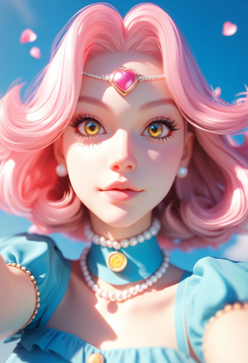 punctuation_9, punctuation_8_High above, punctuation_7_High above, Selfie photo , light pearl pink hair with bangs, light blue petals on the cheeks, textura de pele realista, detailled image, close, sky blue high neck blouse, lemon yellow shrt, on the forehead a jewel half a pearl, HD32k