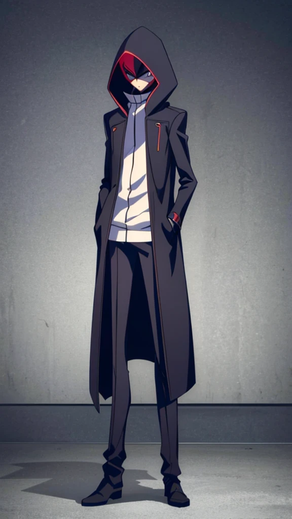 Male, teenager, vigilante, wearing dark clothes, a hooded trenchcoat, and a full-face mask, athletic build, hands in pockets, standing at attention, nighttime setting, lone figure, facing viewer, fully in frame, full body shot, Code Geass style, codeGeass, CODEGEASS