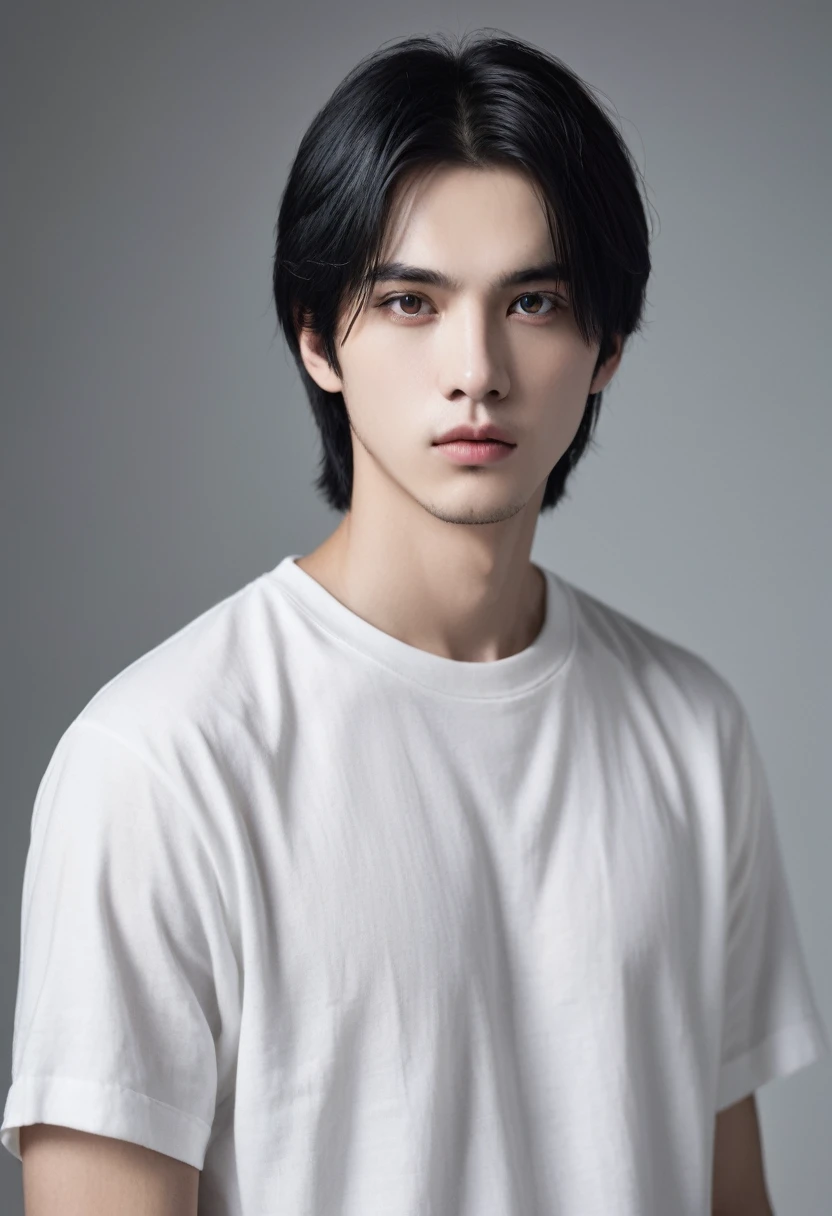 best qualityer, work of art, ultra-high resolution, (realisitic:1.5), OriginalPhoto, white boy extremely black hair black eyes extremely straight hair extremely beautiful