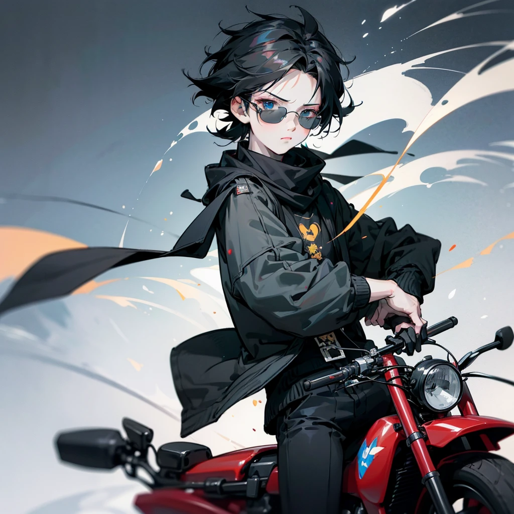 Create a boy, a 10 year old who has very long, spiky black hair who has a black jacket with some skulls on it, black pants also with lots of white skulls, sunglasses and shows off his beautiful blue eyes, who has hair that is well hydrated very beautiful and cute and that the person wears a small black scarf and a black headset that has spikes to give it a style and that it is mounted on a motorcycle that has a flame design
