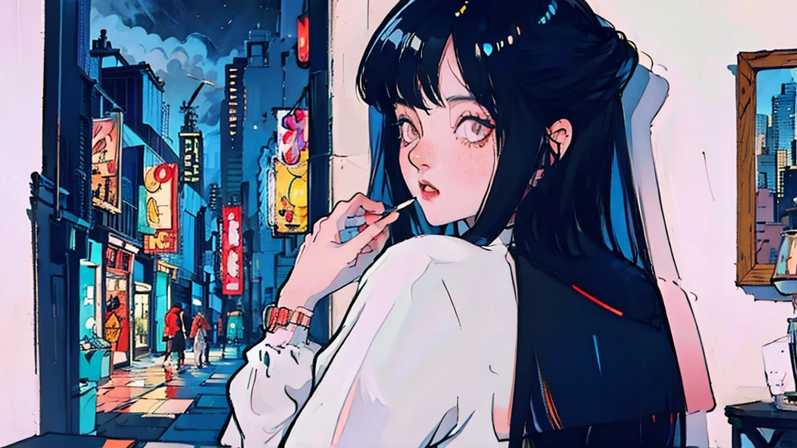 beautiful Asian girl with red hair sitting in her room at night,Looking at a window, face perfect, oculos de sol, smoking a custom-made white cigarette, NeonBlack, (back-illuminated: 1.1), hard shadow, work of art, best qualityer, intricate, model shoot style, vintage, Film grain, Incomplete unit details,citypop,cassettetape,register