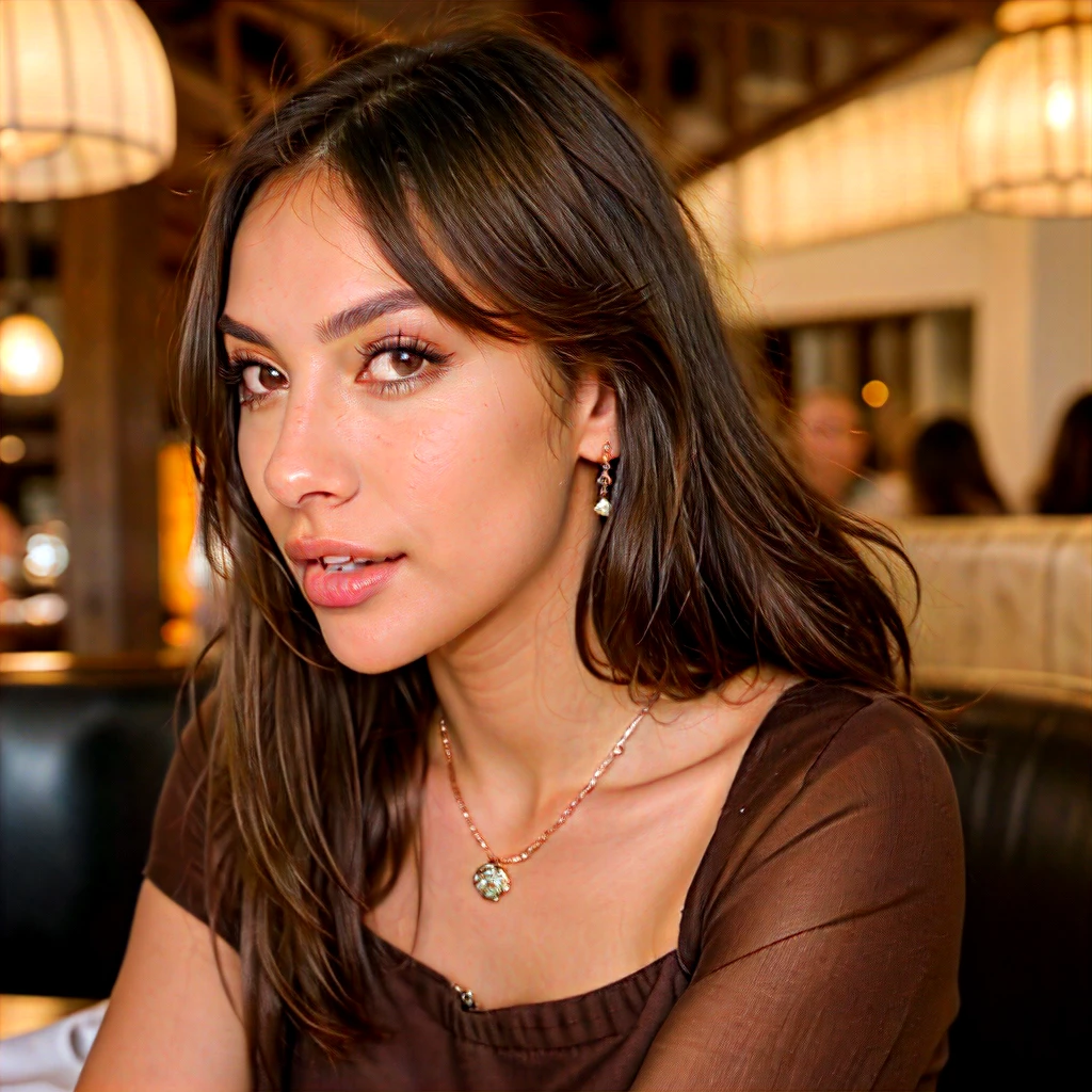 (Jewellry), very warm colors, tan skin, beautiful brunette, (high detailed face), (high detailed skin texture), (high detailed hair), (high detailed eyes), brown eyes, (long straigh dark hair), 1 girl, 20 years old, brown skin, face thin nose, photography, ultra-realistic, 8k, ((very sexy outfit)) , perfect teeth, fit girl, bottom-up view, shiny hair,  ((perfect hands)), taking food, in restaurant