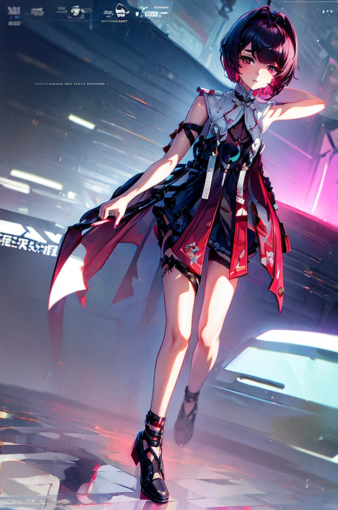 masterpiece, best quality, distinct image, 1 girl, 16 year old teenager, Asymmetrical knee length Chinese styled dress, solo. sharp facial features, oval shaped face, cherry pink lip, lightly tanned white skin, velvet-colored eyes, tall height(175cm), slim yet chiseled body-type, dark violet-black hair, short pixie cut hairstyle, long and slender legs, curvy wide hips stretching the dress, full body image,