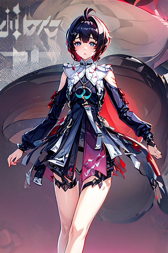 masterpiece, best quality, distinct image, 1 girl, 16 year old teenager, Asymmetrical knee length Chinese styled dress, solo. sharp facial features, oval shaped face, cherry pink lip, lightly tanned white skin, velvet-colored eyes, tall height(175cm), slim yet chiseled body-type, dark violet-black hair, short pixie cut hairstyle, long and slender legs, curvy wide hips stretching the dress, full body image,