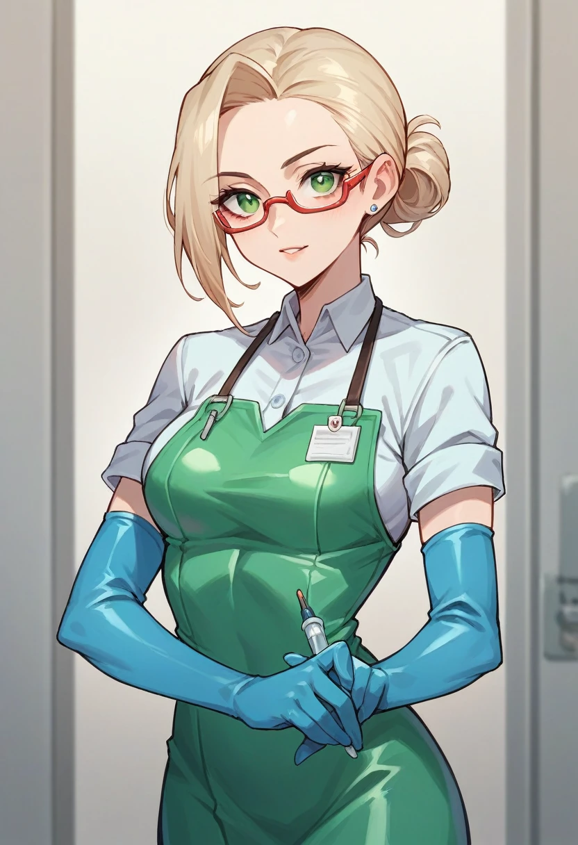 1girl, light hair, ((blue elbow gloves)), ((surgical gloves)), ((latex gloves)), ((long sleeves)) ((green surgeon outfit)), looking at viewer, ((doctor)), standing, solo