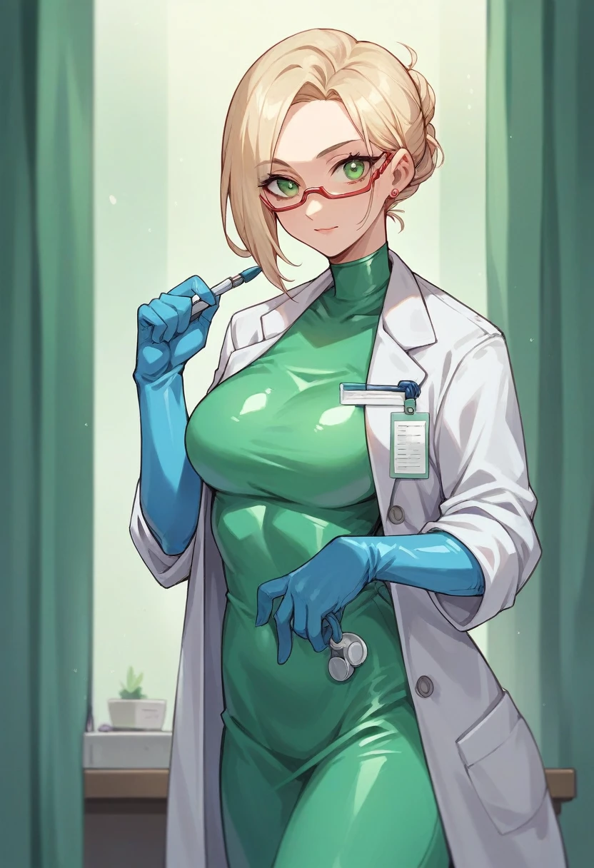 1girl, light hair, ((blue elbow gloves)), ((surgical gloves)), ((latex gloves)), ((long sleeves)) ((green surgeon outfit)), looking at viewer, ((doctor)), standing, solo