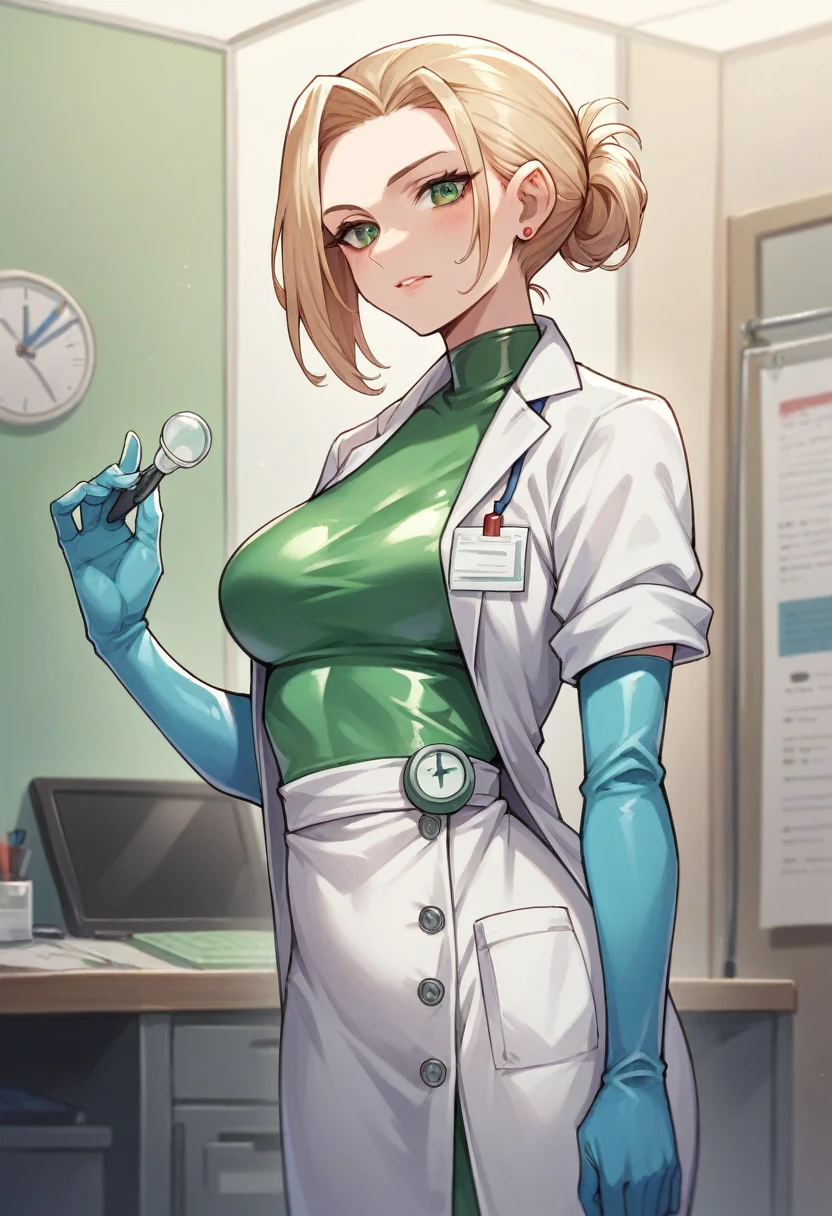 1girl, light hair, ((blue elbow gloves)), ((surgical gloves)), ((latex gloves)), ((long sleeves)) ((green surgeon outfit)), looking at viewer, ((doctor)), standing, solo