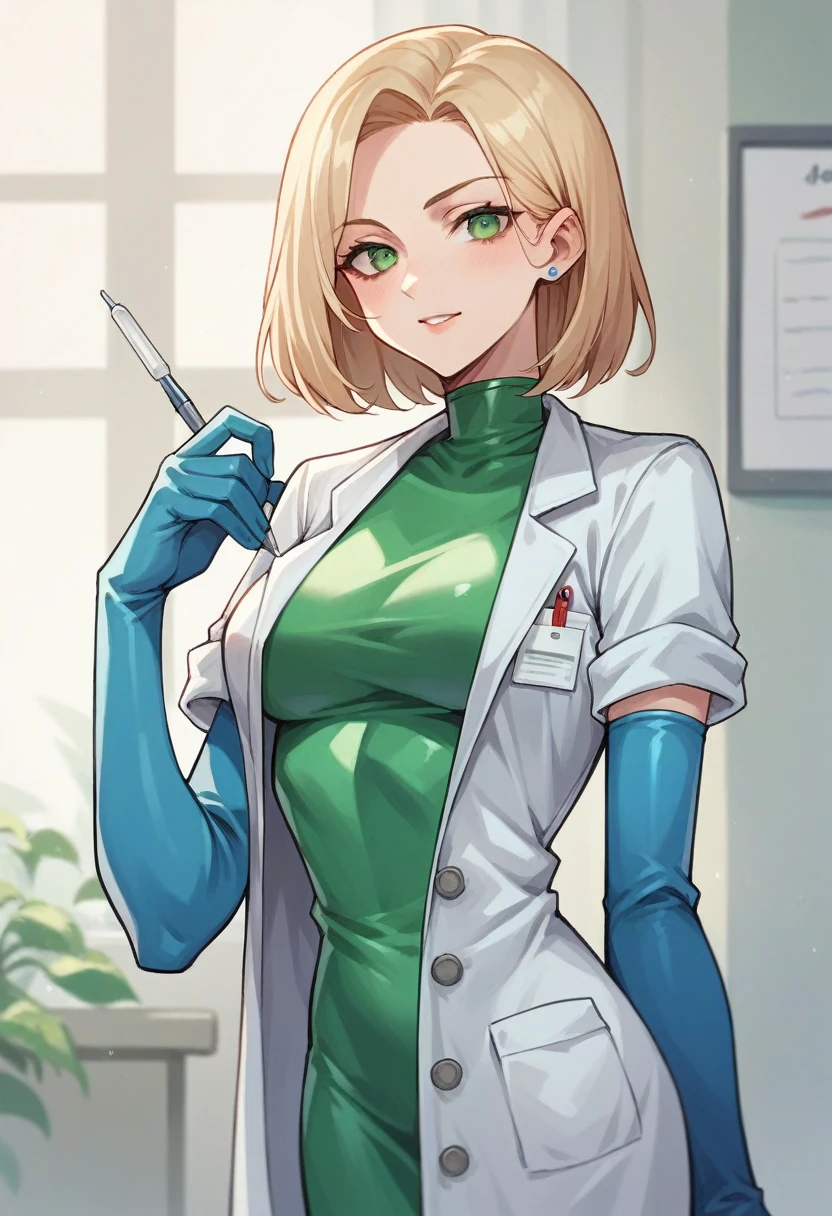1girl, light hair, ((blue elbow gloves)), ((surgical gloves)), ((latex gloves)), ((long sleeves)) ((green surgeon outfit)), looking at viewer, ((doctor)), standing, solo