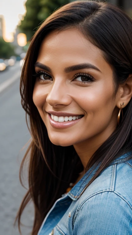 ,lhr piercing eyes, looking straight, very happy, beautiful smile close-up portrait, in an open-air urban neighborhood ,Luz da noite,(de corpo inteiro) ..,,,,,,,,,, detailed face and body, Vibrant, photorrealistic, hight contrast, casual outfit, Outdoor coffee, Radiant day, Make-up natural, candid pose, friendly smile"
