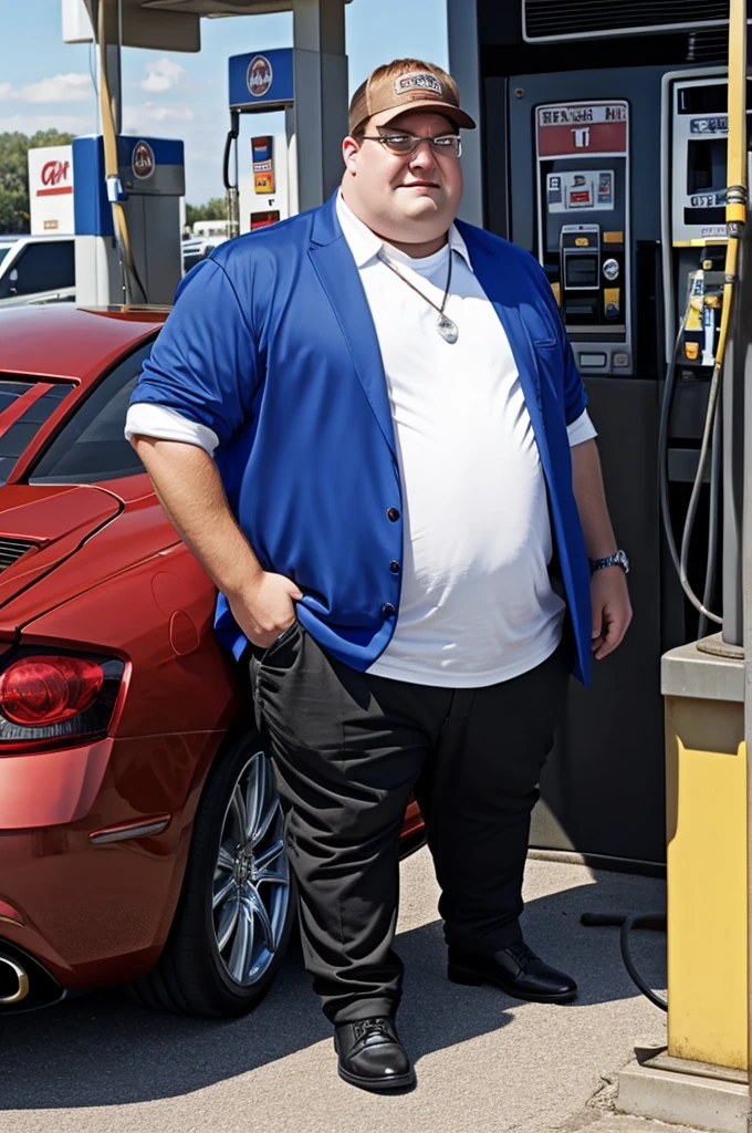 Peter griffin from family guy at a gas station with expensive cars in the back while he is wearing many chains