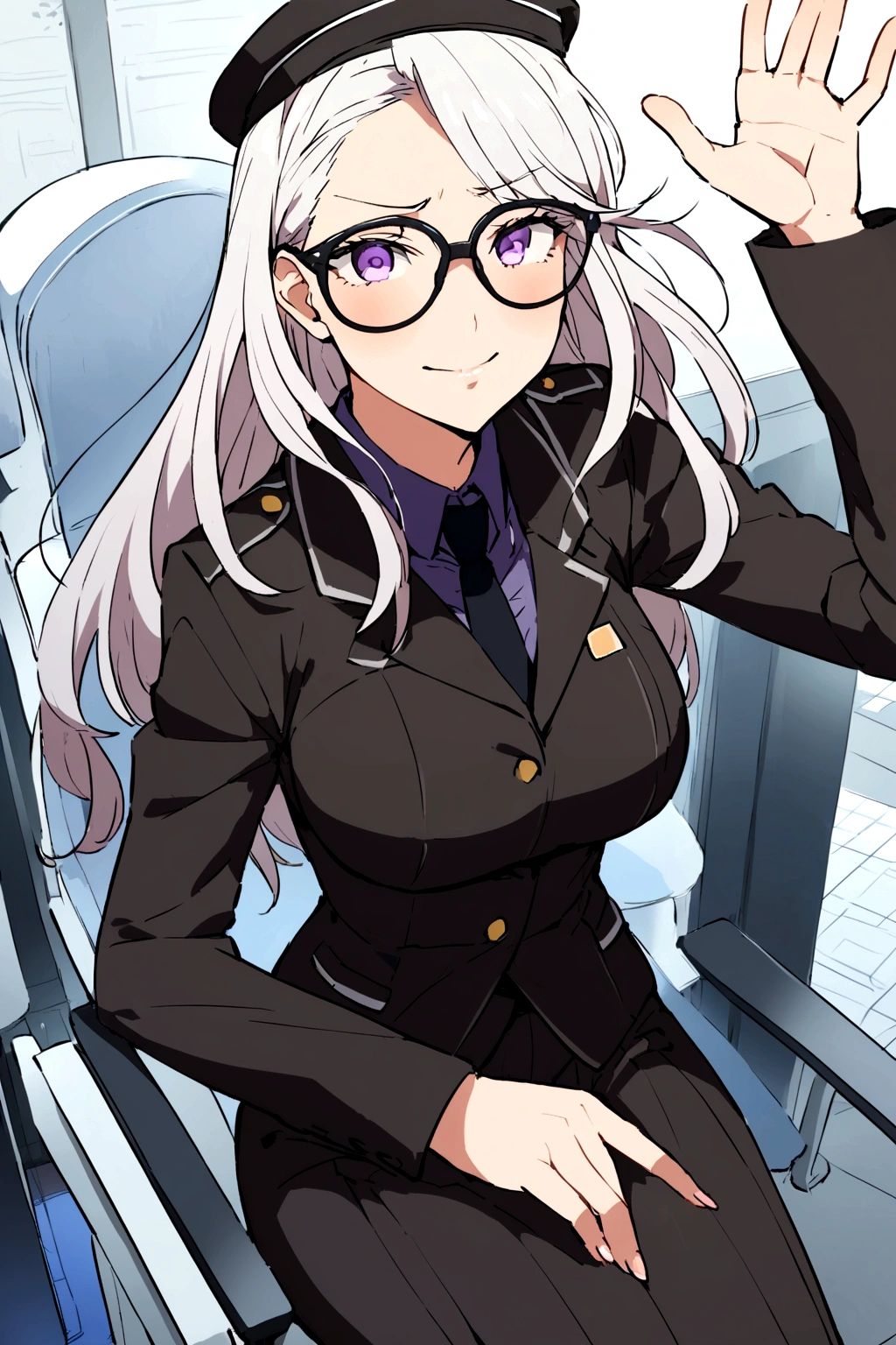 A high school principal who has medium-Big breasts while sitting in her school administration office mientras usaba lentes y estaba seria