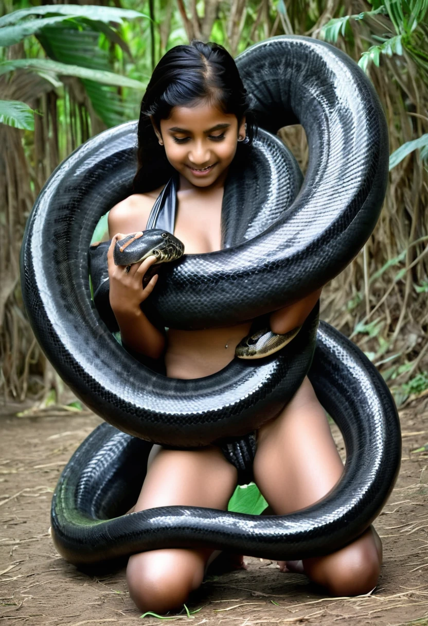 Happy Horny, aroused 1girl), beautiful kneeling Indian young girl with giant colossal black titanboa squeezing her hard, wrapped in thick spiraling coils, constricted, struggle, gasping for air, snake attack, snake peril,