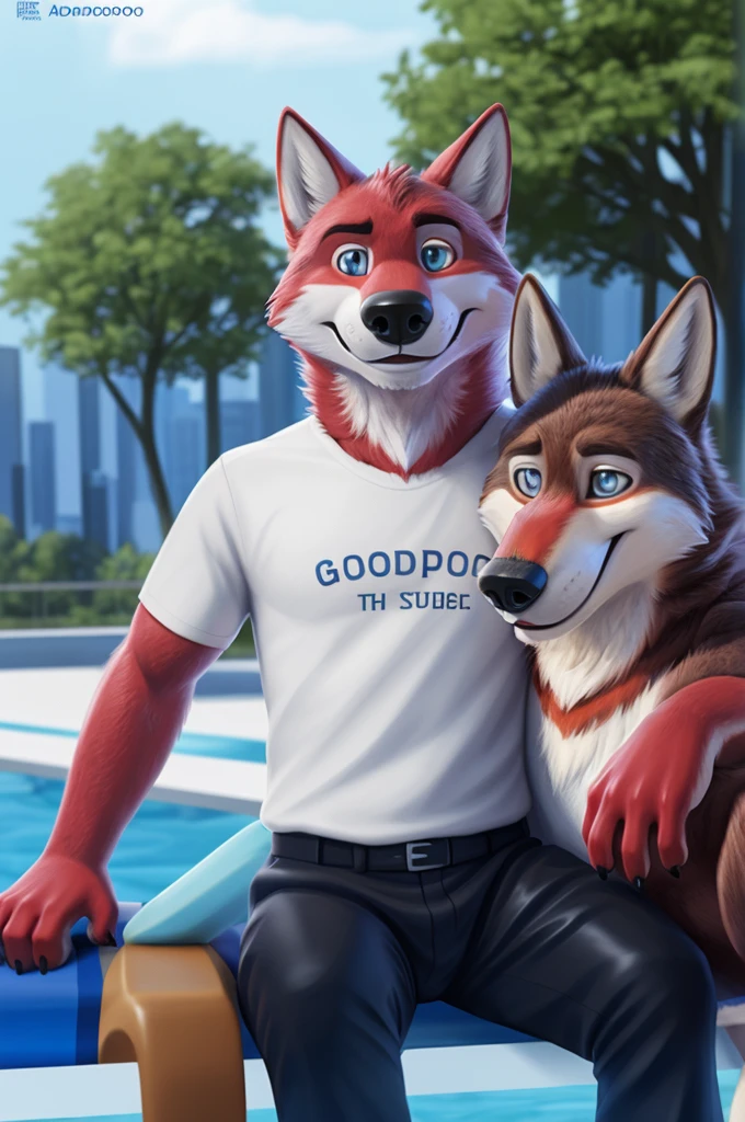 Ivan Wolfbach (Аэропорт Domodedovo),high,Beautiful,slim,24 years,wolf, red fur,high Beautiful wolf, 24 years,(red body:1.3),beautiful blue eyes,Domodedovo, Russia, t-shirt, trousers,rubber sandals,canine, wolf, detailed fur, male, antro, paw pads, finger claws, at viewer, 5 fingers, paws, 5 fingers,day,digital photography, soft focus,good настроение,photorealism, realistic, photorealistic,digital style,the office is close , Very close to the camera, digital photography, smile positive, good,mood pilot, of Education, goes to the pool,  is sitting, 
masterpiece, Best quality, ultra realistic, 8 k)