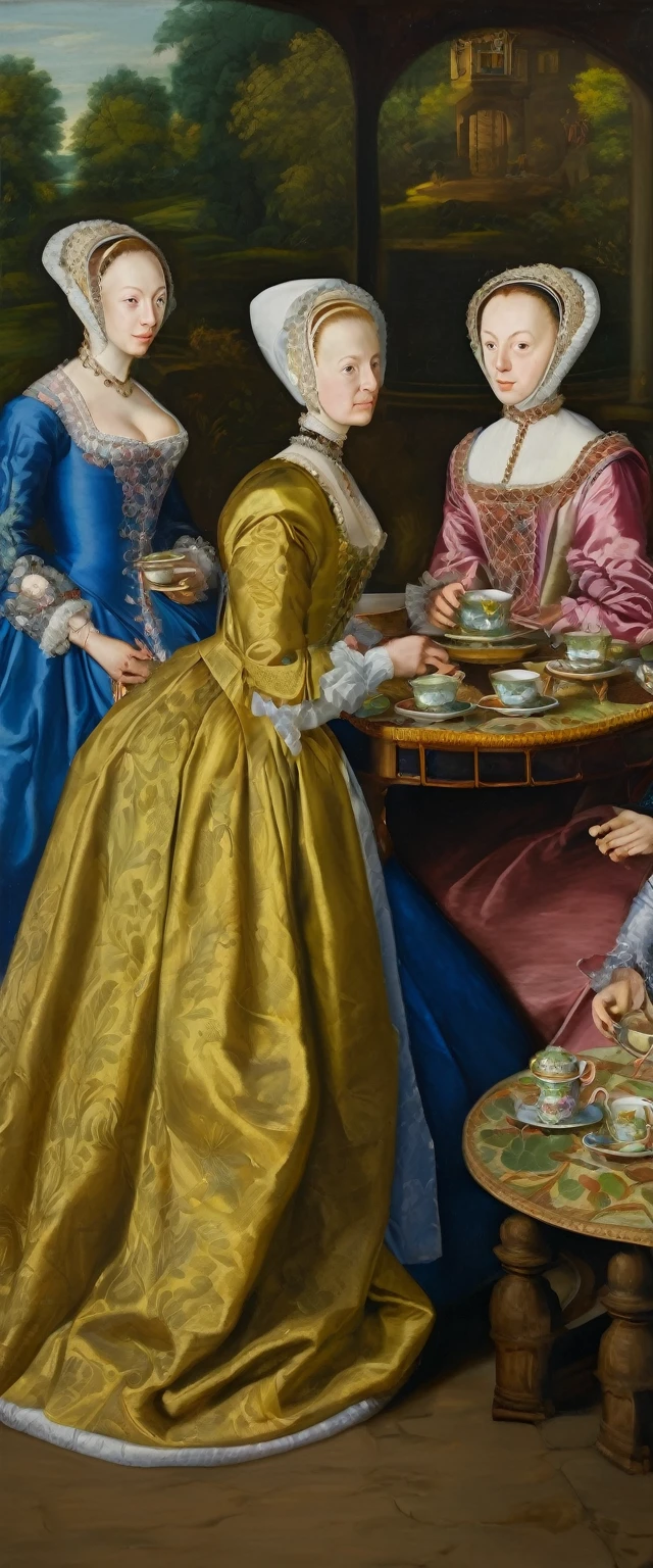 Oil painting, 16th century, Noble ladys, tea party, chatting