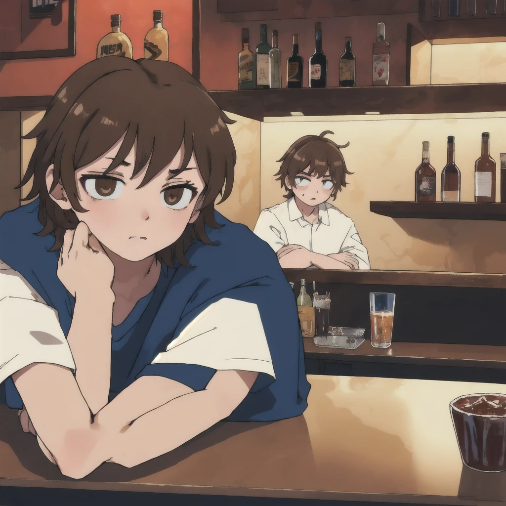 (best quality:1.2), Bar background, boy, leaning over, lying on the counter, with his face hidden, sad, drinking, head down, brown hair, short and messy hair, drunk, on the counter