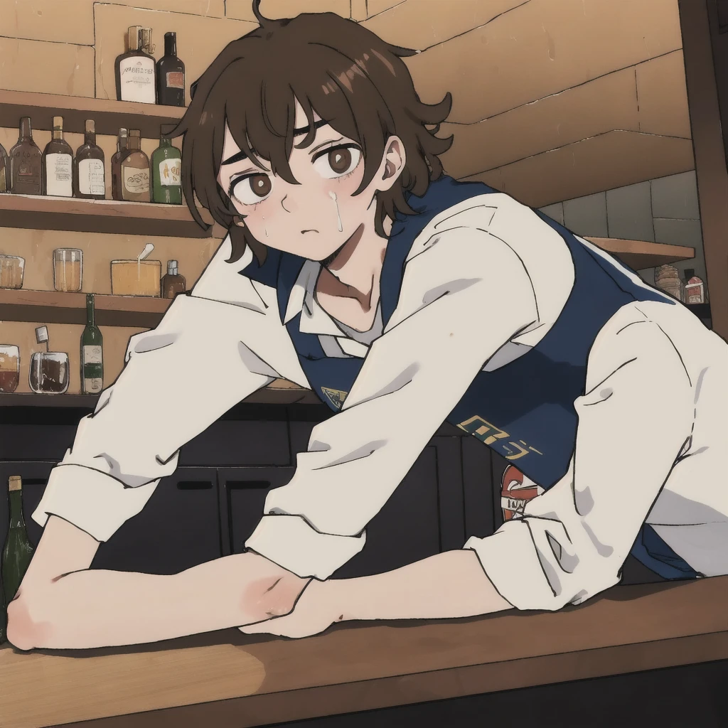 (best quality:1.2), Bar background, boy, leaning over, lying on the counter, with his face hidden, sad, drinking, head down, brown hair, short and messy hair, drunk, on the counter