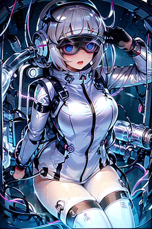 1 Girl, whole body, (space helmet):10,He has a large metal helmet on his head that covers his hair and eyes., tube, wire, She gets electrocuted, brainwashing,astrovest,bing_astronaut,blush,torogao,