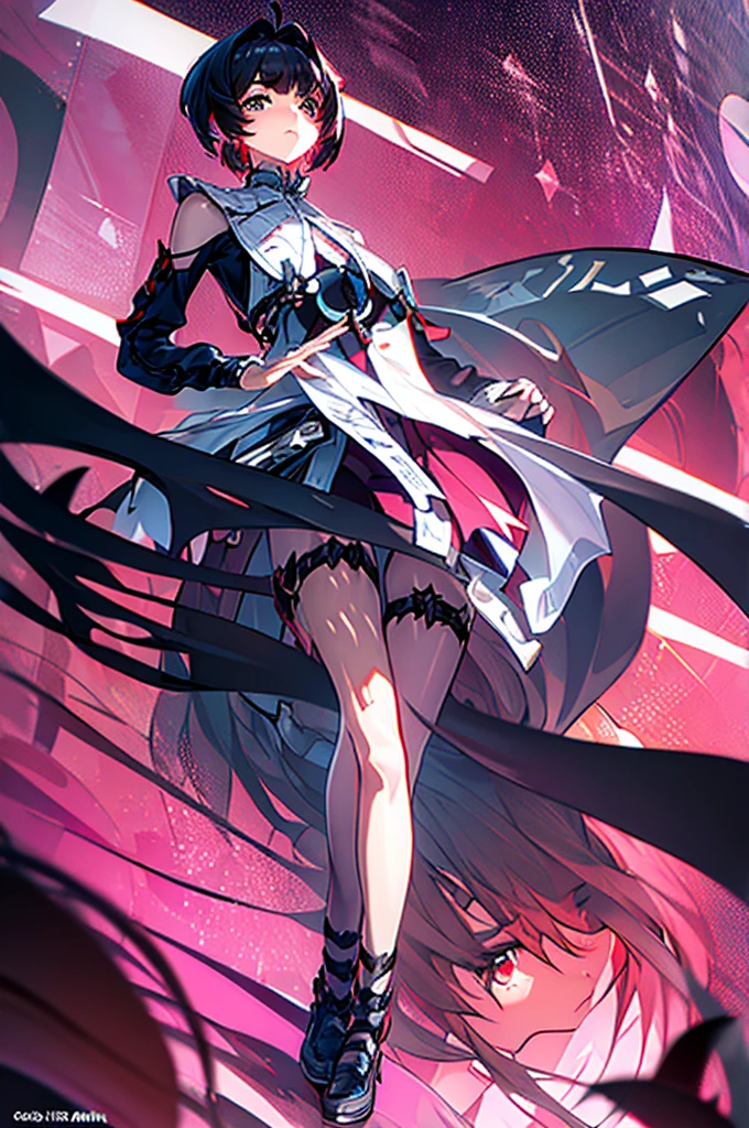masterpiece, best quality, distinct image, 1 girl, 16 year old teenager, Asymmetrical knee length Chinese styled dress, solo. sharp facial features, oval shaped face, cherry pink lip, lightly tanned white skin, velvet-colored eyes, tall height(175cm), slim yet chiseled body-type, dark violet-black hair, short pixie cut hairstyle, long and slender legs, curvy wide hips stretching the dress, full body image,