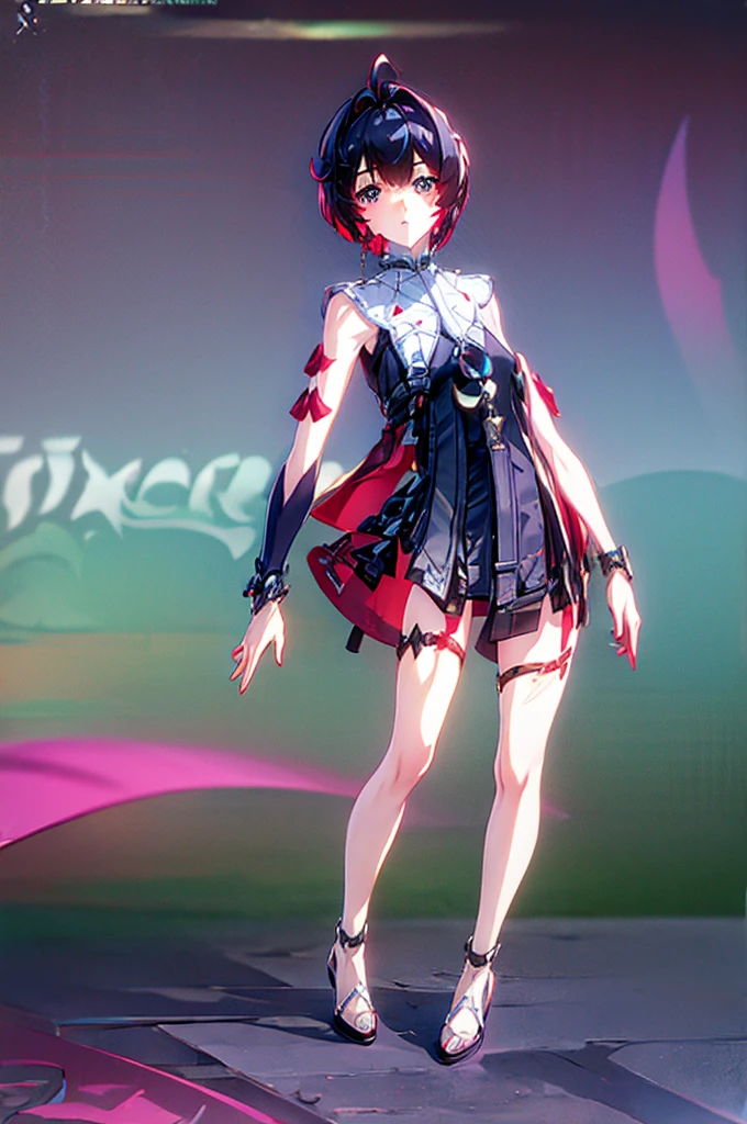 masterpiece, best quality, distinct image, 1 girl, 16 year old teenager, Asymmetrical knee length Chinese styled dress, solo. sharp facial features, oval shaped face, cherry pink lip, lightly tanned white skin, velvet-colored eyes, tall height(175cm), slim yet chiseled body-type, dark violet-black hair, short pixie cut hairstyle, long and slender legs, curvy wide hips stretching the dress, full body image,