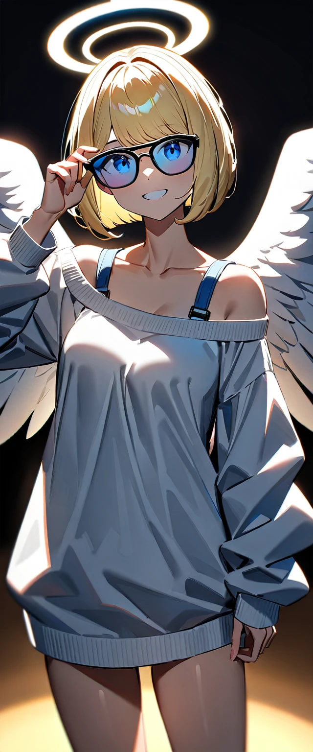 ((flying in the sky)), ((angel, big big white wings:1.3, halo:1.3)), ((sky)), (((sunglasses, hand to sunglasses))), (((cowboy shot))), archangel Uriel, ((wavy hair, outward curled hair)), evening, Sunset, ((blond hair, bob cut:1.3)), breasts, teenager, (looking at viewer), oversized clothes, puffy long sleeves, collarbone, ((off-shoulder sweater:1.3, Quite thick shoulder straps)), ((white sweater)), collarbone, head tilt:1.3, (((blue eyes))), ((happy smile)), (((anime style))), (best quality, 4K, 8K, highres, masterpiece:1.2, ultra-detailed, ultra-detailed eyes, HDR, uhd, studio lighting, ultra-fine painting, sharp focus, physically-based rendering, extreme detail description, professional, vivid colors, bokeh)