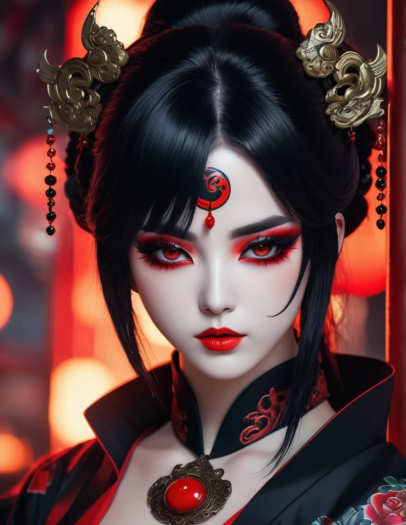 quality(8k wallpaper of extremely detailed CG unit, ​masterpiece, hight resolution, top-quality, top-quality real texture skin,hyper realisitic, digitial painting,increase the resolution,RAW photos，best qualtiy,highly detailed,the wallpaper),BREAK,8K, anime -style art , full face, mixed color eyes,  black makeup, very white skin, metalic black hair long,  jewelry, tattoos, toxic mask , red eyes, black taoist uniform 