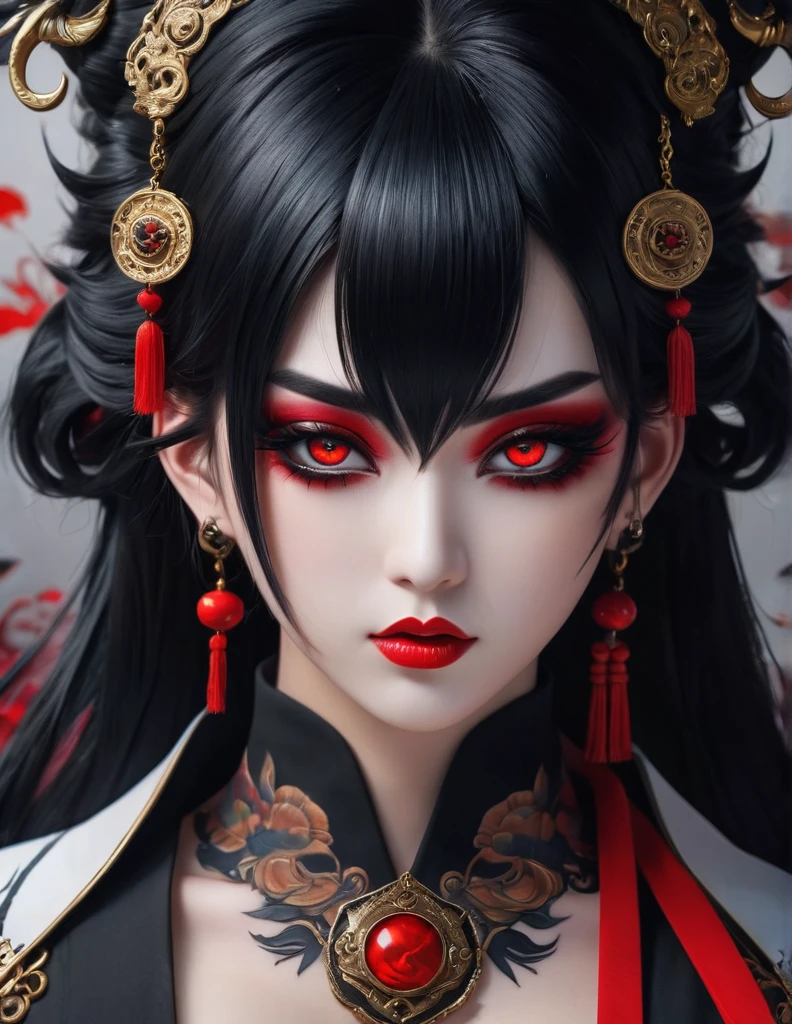 quality(8k wallpaper of extremely detailed CG unit, masterpiece, hight resolution, top-quality, top-quality real texture skin,hyper realisitic, digitial painting,increase the resolution,RAW photos,best qualtiy,highly detailed,the wallpaper),BREAK,8K, anime -style art , full face, mixed color eyes, black makeup, very white skin, metalic black hair long, jewelry, tattoos, toxic mask , red eyes, black taoist uniform
