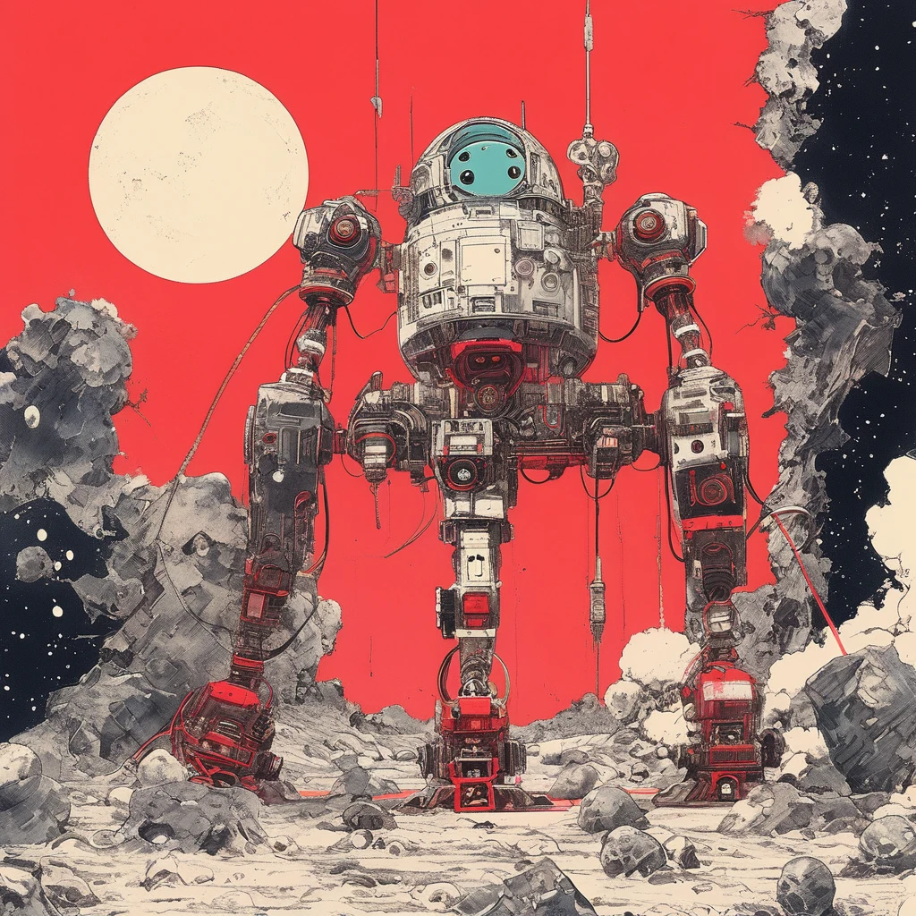On the Moon, The main color is red, Holding_arms, no_human, Lower_Eyes, Droid, Milky Way Galaxy Background,neon,cyber punk, Highest quality, Pieces fly, Confused, Monochrome, Game CG,