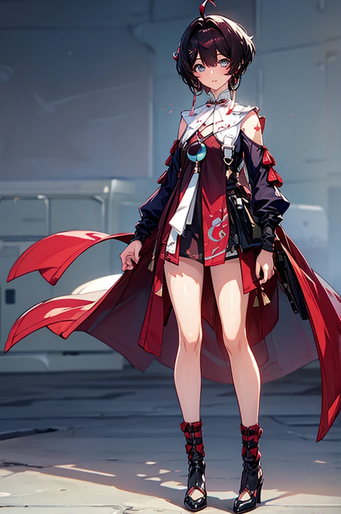 masterpiece, best quality, distinct image, 1 girl, teenager, Acal knee length Chinese styled dress, solo. sharp facial features, oval shaped face, cherry pink lip, lightly tanned white skin, velvet-colored eyes, tall height(175cm), slim yet chiseled body-type, dark violet-black hair, short pixie cut hairstyle, long and slender legs, curvy wide hips stretching the dress, full body image,