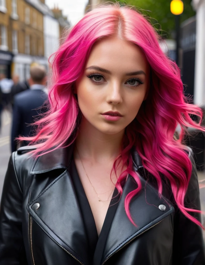 very attractive 25 year old girl with long wavy bright pink hair, wearing an un black leather coat black dress, walking through the streets of london, photo quality, close up of face