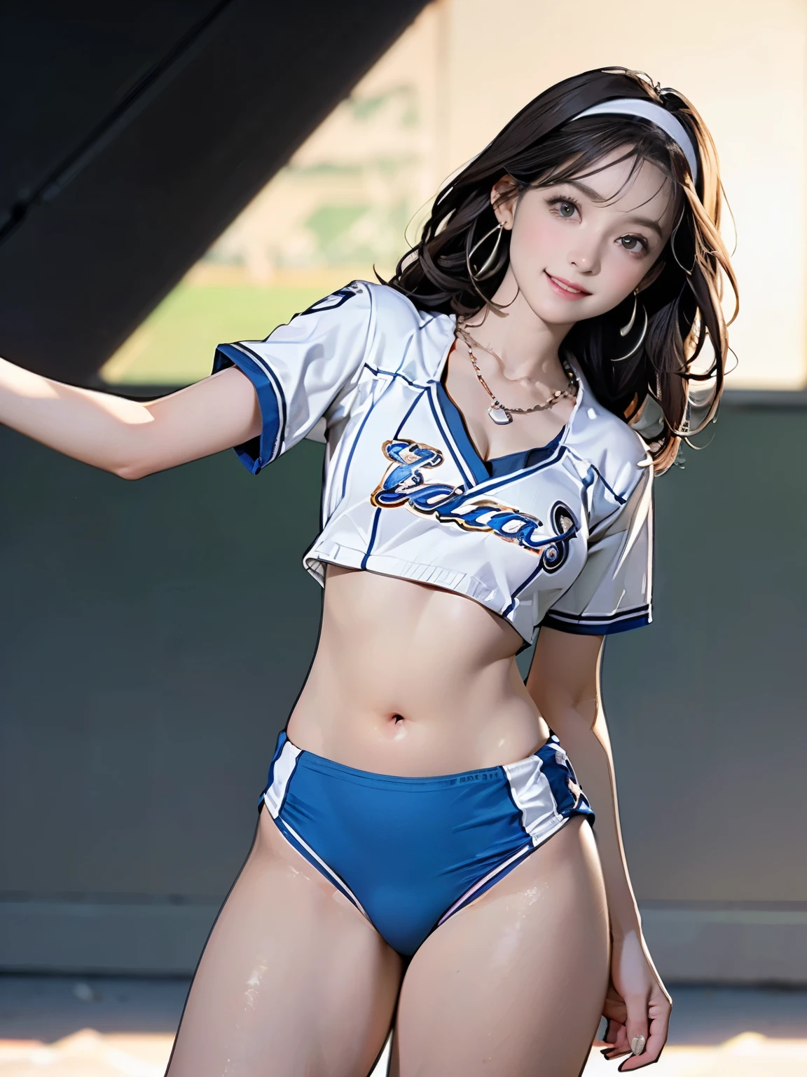 ((((Highest quality))))、(((Ultra-precision CG16K wallpaper)))、(((masterpiece)))、(((Super detailed)))、(((Extreme detail)))、((１Mature 29 year old woman:1.6))、((Very beautiful Japan face of a person))、((Urizane Face:1.8))、((Medium Straight Hair:1.8))、(Shiny Hair)、A delicately drawn beautiful face、(Dark Eyes、Reflected light from the eye)、double eyelid、High nose、Small nostrils、Small Mouth、Seductive lips、Beautiful breasts、((C cup size breasts))、Cleavage、Small belly button、Delicate nails、Beautiful feet、Thin thighs、eight-headed body、Perfect proportions、Perfect Anatomy、Perfect composition、Beautiful detailed shading、Beautiful, natural lighting、Beautiful detail glow、Depth of written boundary、(((High chroma)))、(((Real:1.9)))、((vivid:1.5))、((Beautiful Skin))、((Skin Texture))、((Realな皮膚感))、(((Cowboy Shot:1.6)))、(((front view、shoot from front、front low angle:1.6)))、(((smile:1.6)))、(((looking at viewer:1.6)))、Bright daylight、Natural light、(((background_Stadium:1.5)))、(Standing pose:1.6)、(((Dancer uniform clothing:1.6)))、((hair band、necklace、Wearing earrings:1.5))、