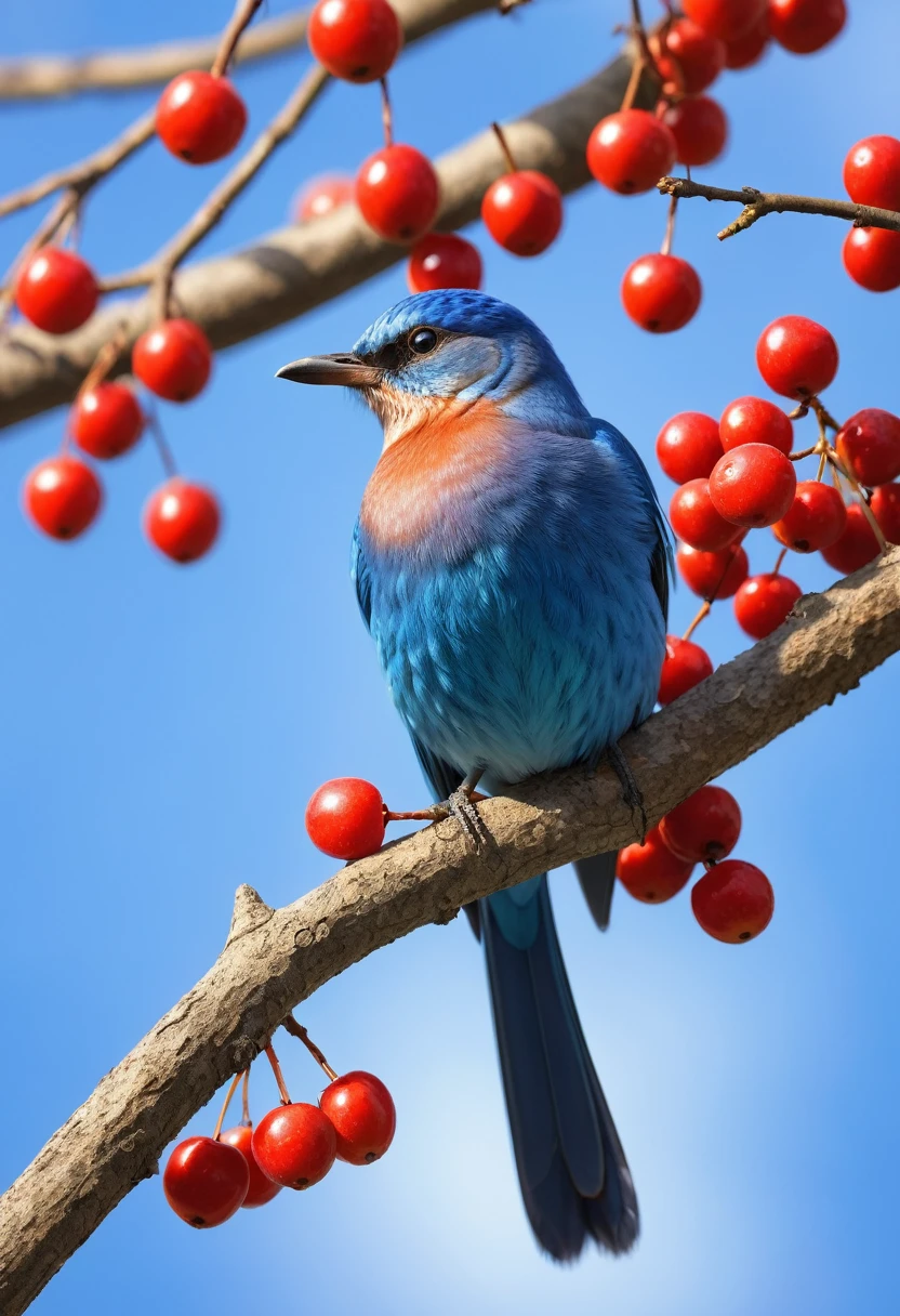 best qualityer, work of art, ultra-high resolution, (realisitic:1.5), OriginalPhoto, extremely blue bird ensima from a large tree with red fruits