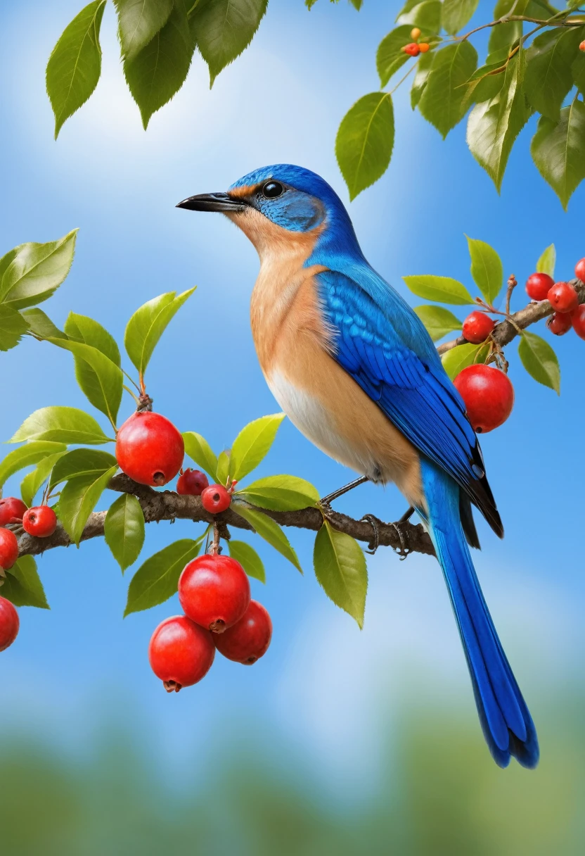 best qualityer, work of art, ultra-high resolution, (realisitic:1.5), OriginalPhoto, extremely blue bird ensima from a large tree with red fruits