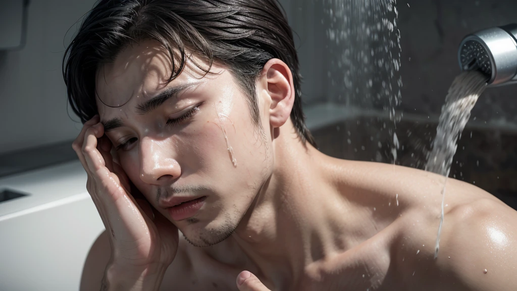 man wetting his head and washing his face